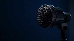 Close-up of a large diaphragm condenser microphone on a shock mount against a deep navy studio background with soft side lighting highlighting the metal grille and body details in photorealistic 16:9 format.