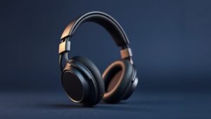 Premium open-back headphones positioned at angle on clean navy studio background. Visible driver grilles and premium materials. Soft side lighting highlights circular ear cups and headband detail. Modern minimal photography showcasing spatial audio design principles.