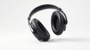 High-end open-back headphones on clean white studio background with soft side lighting showing detailed driver housing and mesh grilles, photographed from slight angle to emphasize depth and dimensional quality