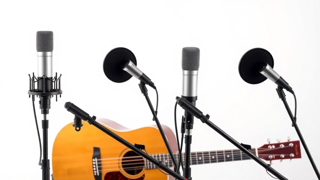 Professional dynamic microphone on boom stand positioned at different distances from acoustic guitar showing various placement options against clean white studio background with soft directional lighting highlighting the microphone capsule and instrument relationship