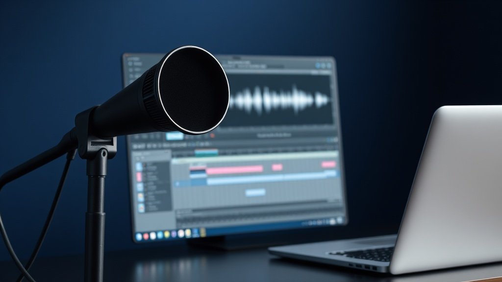 Modern large diaphragm condenser microphone positioned next to laptop computer screen showing audio plugin interface on deep navy studio background with soft side lighting creating gentle shadows