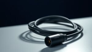 Professional XLR microphone cable coiled on clean studio surface with Neutrik connector visible in sharp detail against deep navy background with soft directional lighting creating subtle shadows
