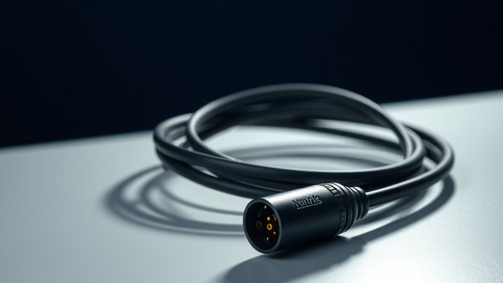 Professional XLR microphone cable coiled on clean studio surface with Neutrik connector visible in sharp detail against deep navy background with soft directional lighting creating subtle shadows