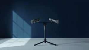Two professional condenser microphones positioned in XY stereo configuration on a studio stand against deep navy background with soft side lighting creating subtle shadows on clean minimal surface