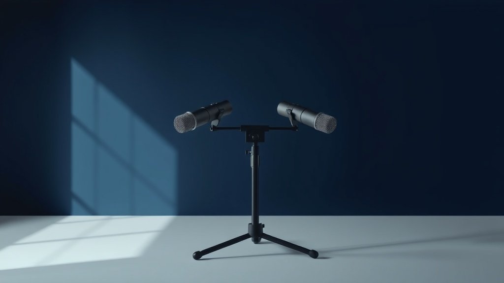 Two professional condenser microphones positioned in XY stereo configuration on a studio stand against deep navy background with soft side lighting creating subtle shadows on clean minimal surface