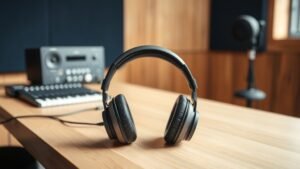 Professional open-back studio headphones on wooden desk in recording studio environment. Clean minimal setup with audio interface visible. Soft natural lighting from side window. Deep navy background with warm wood grain textures.