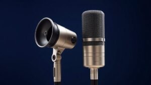 Professional condenser microphone with large diaphragm and dynamic microphone side by side on clean studio background. Soft directional lighting highlights metallic surfaces and mesh grilles. Modern minimal product photography with deep navy backdrop.