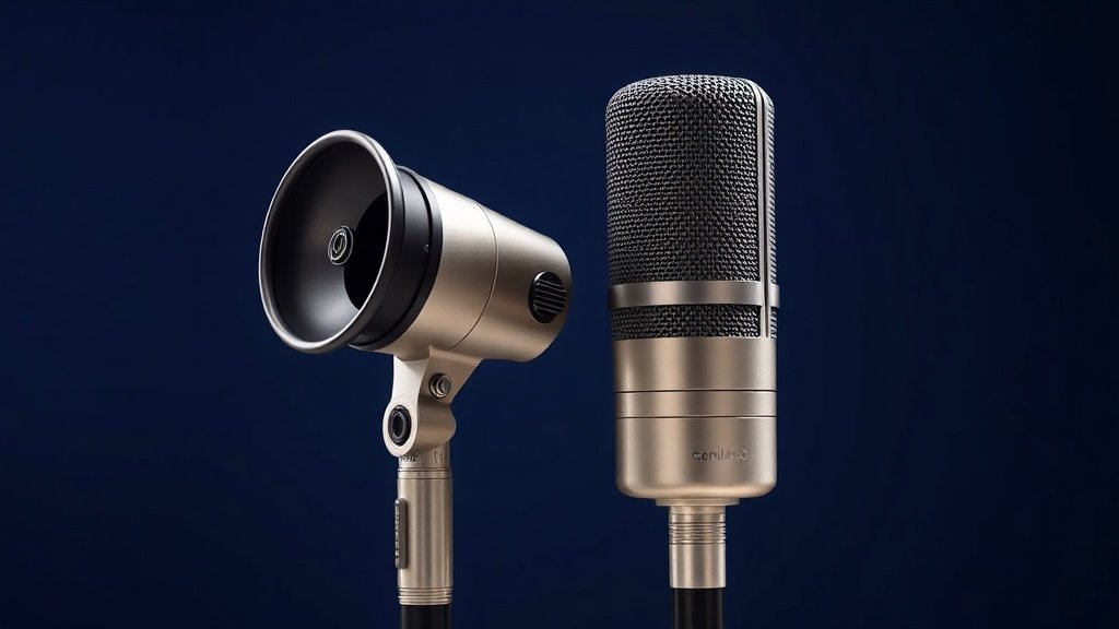 Professional condenser microphone with large diaphragm and dynamic microphone side by side on clean studio background. Soft directional lighting highlights metallic surfaces and mesh grilles. Modern minimal product photography with deep navy backdrop.