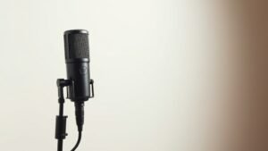 Professional studio condenser microphone positioned vertically against clean off-white background with soft side lighting highlighting the capsule and body detail. Modern minimal aesthetic with subtle shadows.