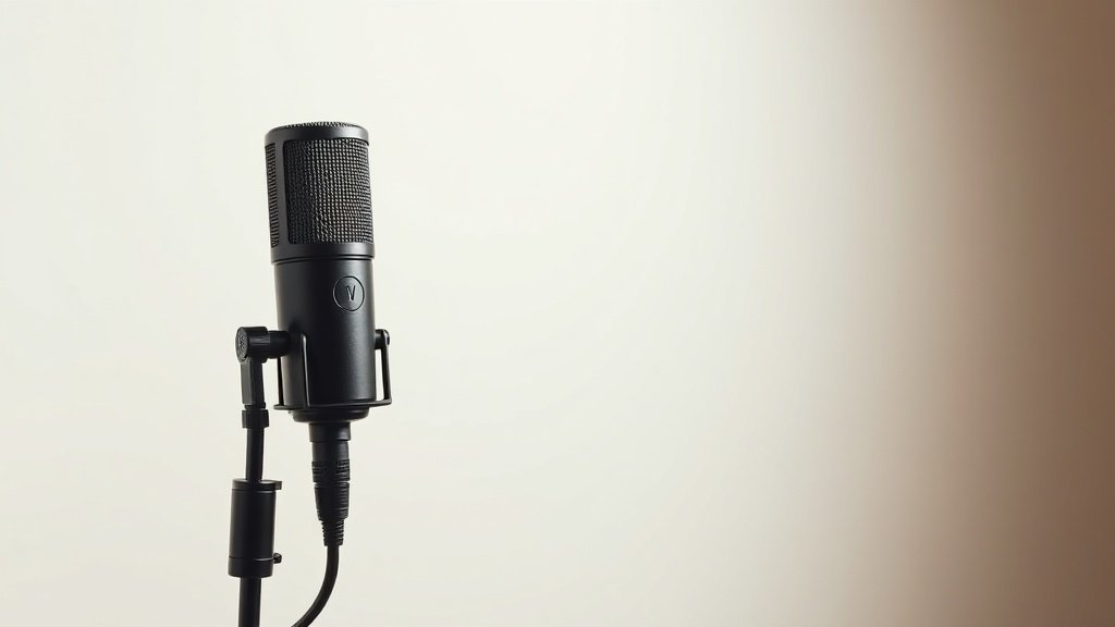 Professional studio condenser microphone positioned vertically against clean off-white background with soft side lighting highlighting the capsule and body detail. Modern minimal aesthetic with subtle shadows.