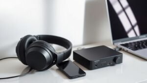 Sony WH-1000XM4 headphones positioned next to iPhone, desktop DAC amplifier, and laptop on clean white studio surface with soft directional lighting creating subtle shadows across modern audio devices