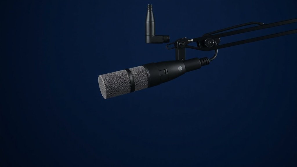 Professional studio microphone suspended in shock mount against clean deep navy background with soft side lighting showing capsule detail and windscreen attachment point in modern minimal photography style