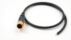 Professional XLR microphone cable with gold connectors on clean white studio background. Cable arranged in gentle S-curve showing three pin XLR connector detail. Soft side lighting creates subtle shadows. Modern minimal product photography style.