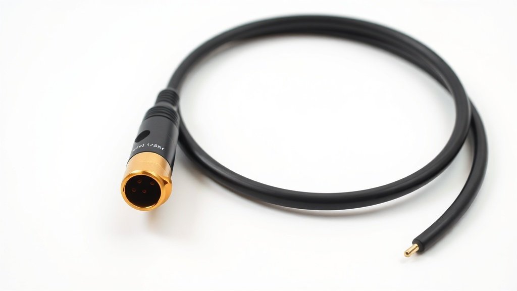 Professional XLR microphone cable with gold connectors on clean white studio background. Cable arranged in gentle S-curve showing three pin XLR connector detail. Soft side lighting creates subtle shadows. Modern minimal product photography style.
