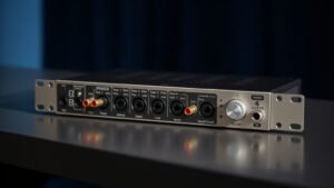 Professional audio interface on clean studio desk with deep navy background. Multiple XLR and quarter inch inputs visible on front panel. Soft side lighting creates gentle shadows. Modern design with brushed metal finish and LED indicators.