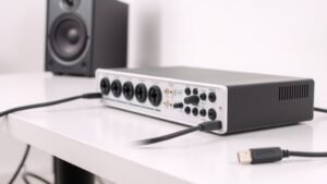 Professional audio interface on clean studio desk with XLR cables and USB connection visible. Modern silver and black design against soft white background. Side lighting emphasizes connection ports and level meters. Clean minimal product photography style.