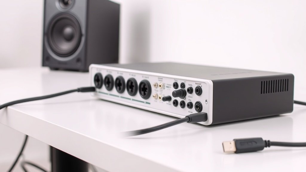 Professional audio interface on clean studio desk with XLR cables and USB connection visible. Modern silver and black design against soft white background. Side lighting emphasizes connection ports and level meters. Clean minimal product photography style.