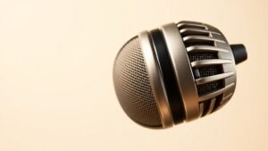 Close-up view of a classic ribbon microphone with distinctive vintage styling on a clean off-white studio background. Soft side lighting reveals the metal grille and elegant form factor. Professional product photography highlighting the microphone body and traditional ribbon mic proportions.