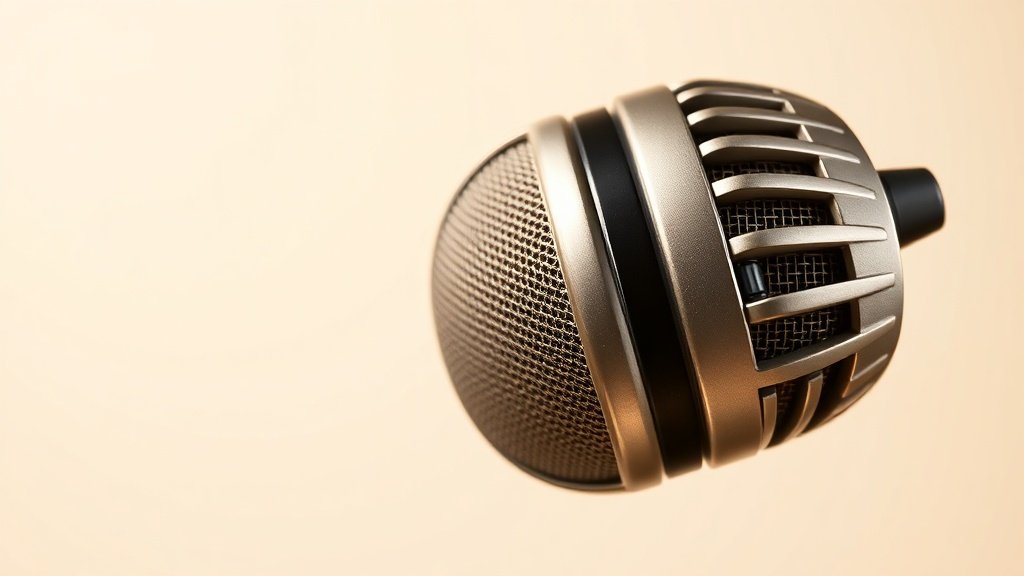 Close-up view of a classic ribbon microphone with distinctive vintage styling on a clean off-white studio background. Soft side lighting reveals the metal grille and elegant form factor. Professional product photography highlighting the microphone body and traditional ribbon mic proportions.