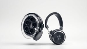 Two premium over-ear headphones side by side on clean white studio background with soft side lighting. One shows exposed multiple drivers through transparent housing, the other displays single large driver. Minimal modern product photography style.