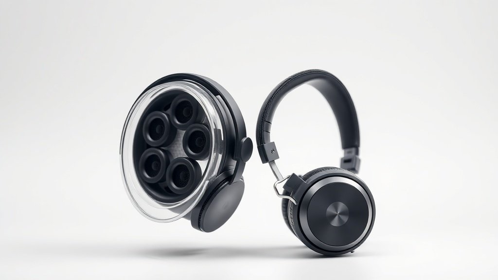 Two premium over-ear headphones side by side on clean white studio background with soft side lighting. One shows exposed multiple drivers through transparent housing, the other displays single large driver. Minimal modern product photography style.