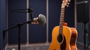 Professional large diaphragm condenser microphone on boom stand positioned near acoustic guitar body in modern recording studio with deep navy background and soft side lighting