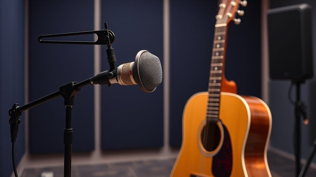 Professional large diaphragm condenser microphone on boom stand positioned near acoustic guitar body in modern recording studio with deep navy background and soft side lighting