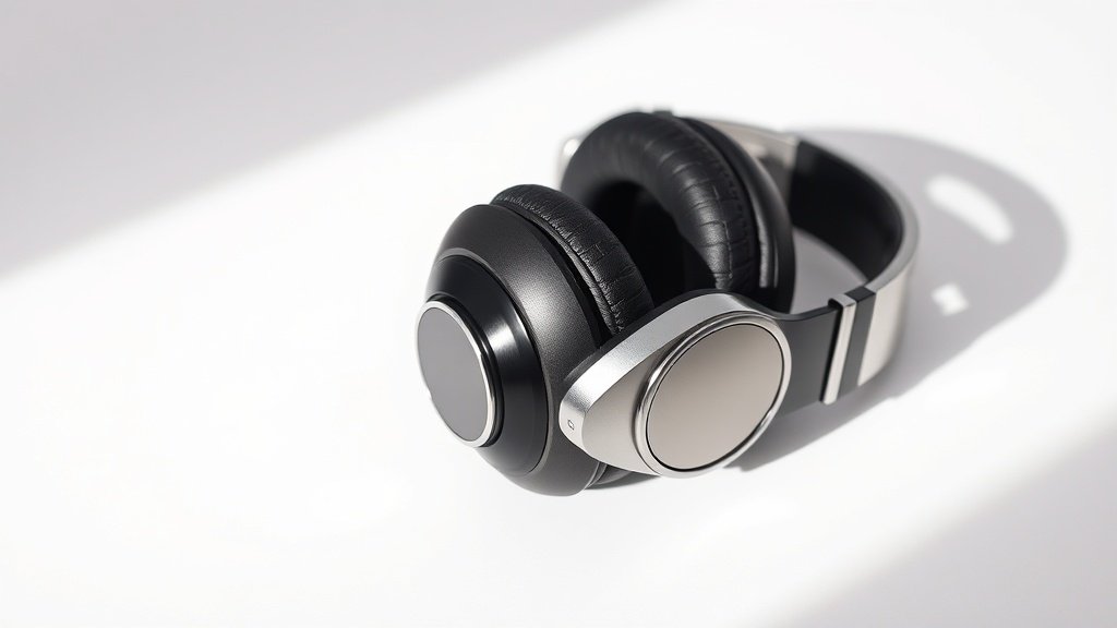 Professional gaming headphones photographed on clean off-white studio background with soft side lighting. Modern black and silver design with visible drivers and adjustable headband. Sharp focus product photography in horizontal format.