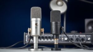 Modern USB microphone and XLR microphone side by side on clean studio desk with audio interface in background. Deep navy backdrop with soft professional lighting highlighting the different connection types and cable arrangements.
