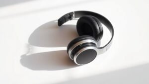 Professional studio headphones lying flat on clean white surface with soft side lighting casting gentle shadows. Sleek black and silver design with visible drivers and adjustment mechanisms. Modern minimal product photography. 16:9 horizontal format. No hands or people visible.