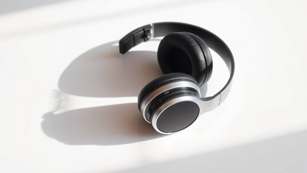 Professional studio headphones lying flat on clean white surface with soft side lighting casting gentle shadows. Sleek black and silver design with visible drivers and adjustment mechanisms. Modern minimal product photography. 16:9 horizontal format. No hands or people visible.
