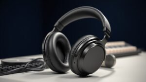 Professional over-ear headphones with large circumaural earcups positioned at angle on clean studio desk against deep navy background with soft directional lighting highlighting the padded ear cups and driver housing detail