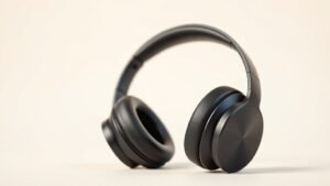 Modern wireless headphones in matte black finish positioned on clean off-white studio background with soft side lighting creating subtle shadows photorealistic product shot horizontal sixteen by nine format