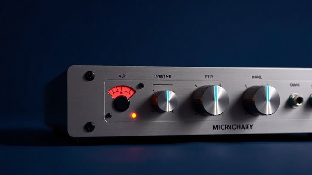 Close-up view of a professional microphone preamp unit with illuminated VU meters and rotary gain controls. Clean studio background in deep navy blue. Soft side lighting highlighting the brushed metal faceplate and glowing meters. Modern minimal product photography style.