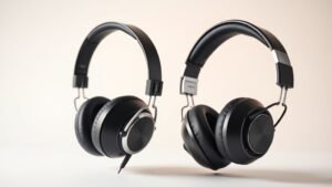 Side by side comparison of open planar magnetic headphones and dynamic driver headphones on clean off white studio background with soft side lighting showcasing the different driver technologies and construction methods in professional product photography style