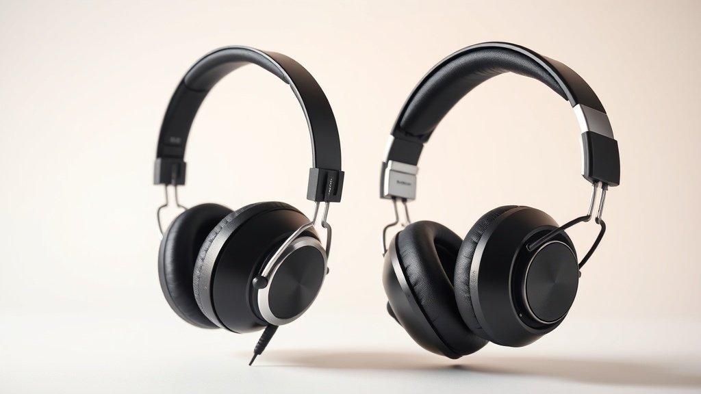 Side by side comparison of open planar magnetic headphones and dynamic driver headphones on clean off white studio background with soft side lighting showcasing the different driver technologies and construction methods in professional product photography style