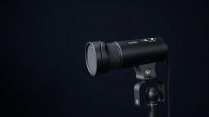 Professional large diaphragm condenser microphone in matte black finish mounted on shock mount against clean deep navy studio background with soft side lighting creating subtle shadows across the microphone grille and body