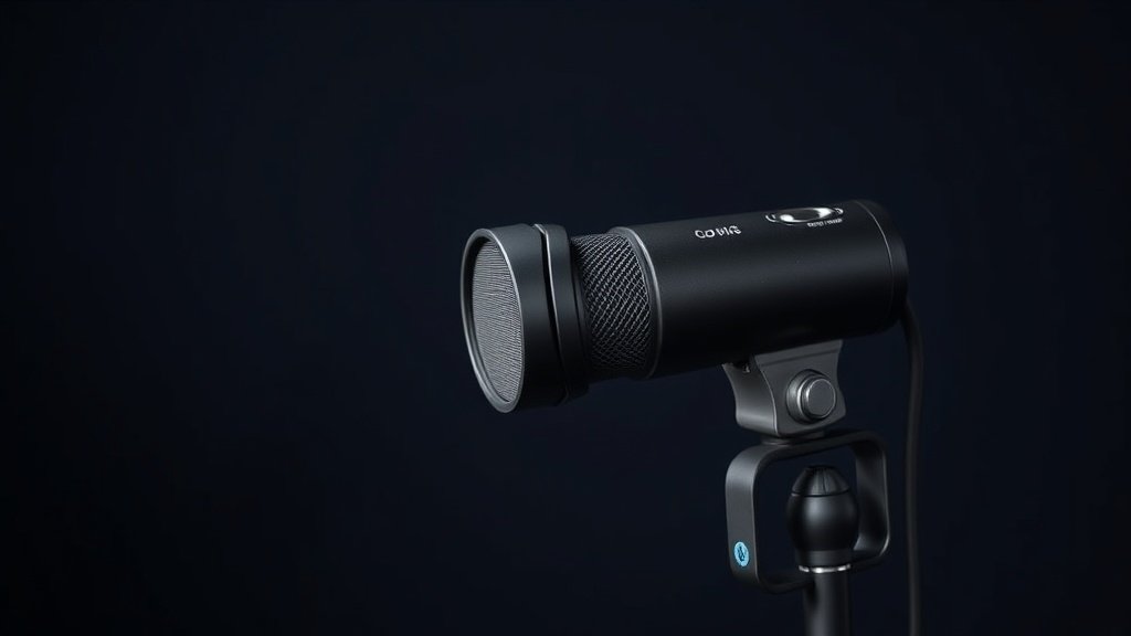 Professional large diaphragm condenser microphone in matte black finish mounted on shock mount against clean deep navy studio background with soft side lighting creating subtle shadows across the microphone grille and body