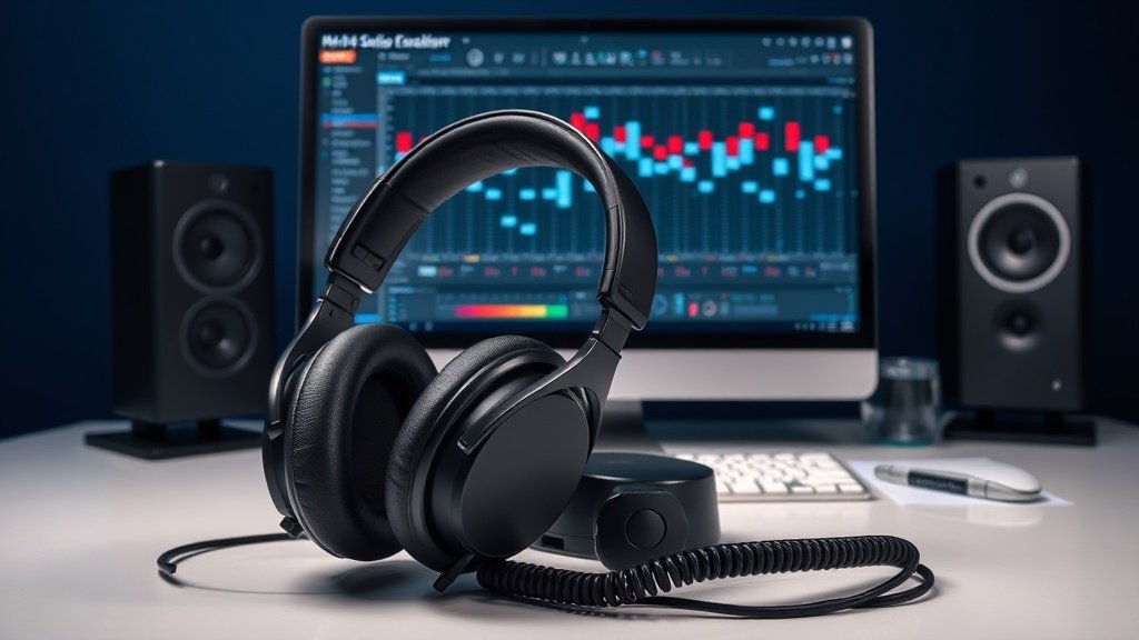 Professional headphones positioned on clean studio desk with equaliser software interface displayed on computer monitor in background, soft lighting highlighting the headphone drivers, modern minimal setup with deep navy backdrop
