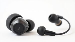 Close-up product photography of professional in-ear monitors and consumer earbuds side by side on clean off-white background with soft side lighting showing detailed construction differences in 16:9 format