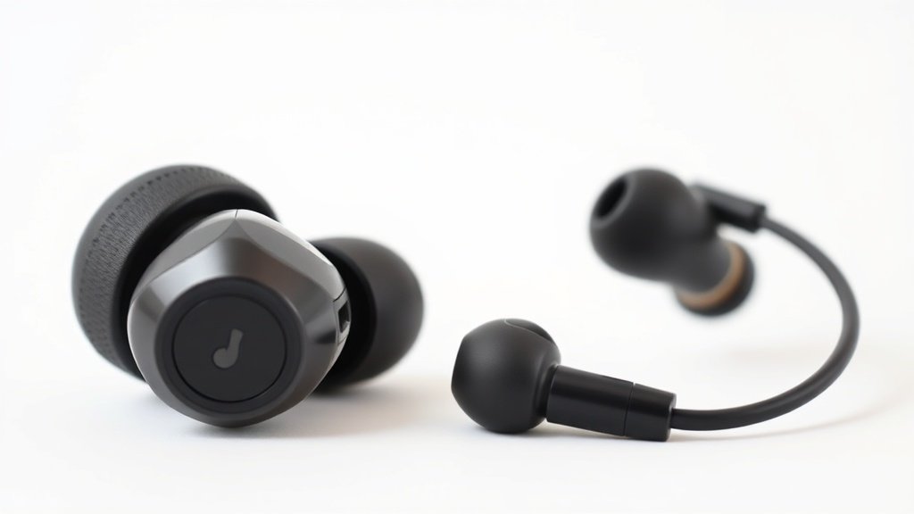Close-up product photography of professional in-ear monitors and consumer earbuds side by side on clean off-white background with soft side lighting showing detailed construction differences in 16:9 format