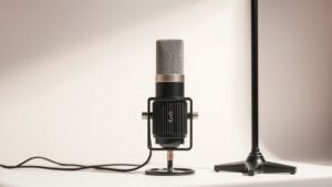 Modern digital microphone with USB connector alongside traditional analogue microphone with XLR connection on clean off-white studio background with soft side lighting creating subtle shadows
