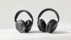 Two sets of over-ear headphones side by side on clean off-white studio background, one representing active noise cancelling with subtle electronic elements, the other showing thick physical padding, soft side lighting creating gentle shadows, modern minimal product photography style