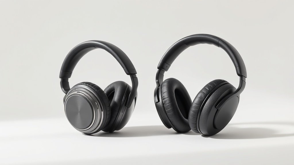 Two sets of over-ear headphones side by side on clean off-white studio background, one representing active noise cancelling with subtle electronic elements, the other showing thick physical padding, soft side lighting creating gentle shadows, modern minimal product photography style