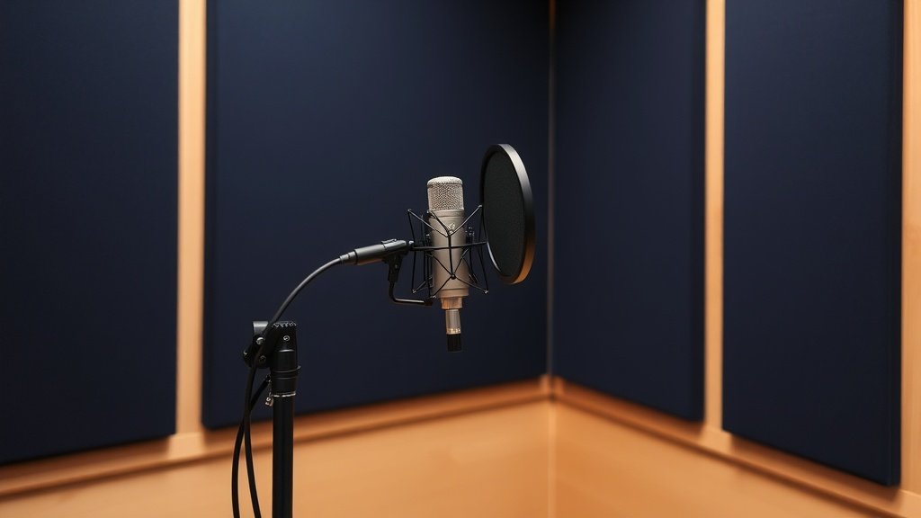 Professional condenser microphone with shock mount and pop filter on boom stand in acoustically treated recording booth. Soft side lighting against deep navy background. Clean minimal composition showing proper recording setup.