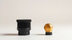 Close-up comparison of large diaphragm condenser microphone capsule next to small diaphragm pencil microphone on clean off-white studio background with soft directional lighting highlighting the size difference between the circular gold capsules