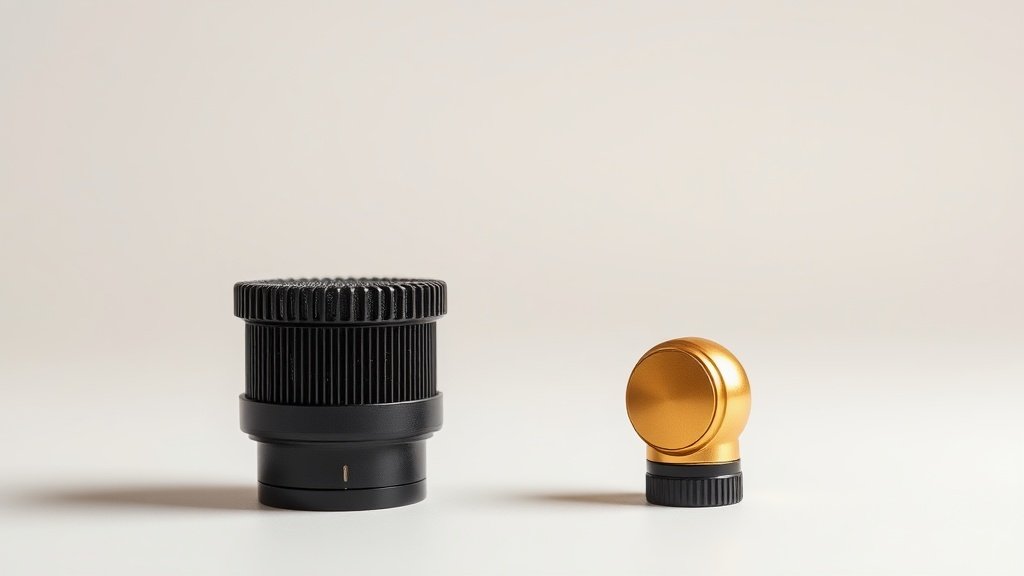 Close-up comparison of large diaphragm condenser microphone capsule next to small diaphragm pencil microphone on clean off-white studio background with soft directional lighting highlighting the size difference between the circular gold capsules