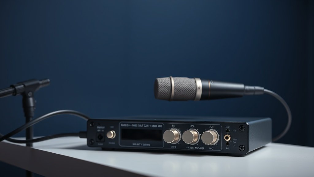 Audio interface with XLR microphone connected showing clean minimal studio setup. Deep navy background with soft side lighting. Modern recording equipment positioned on clean surface. Professional product photography style showing input gain controls clearly visible.