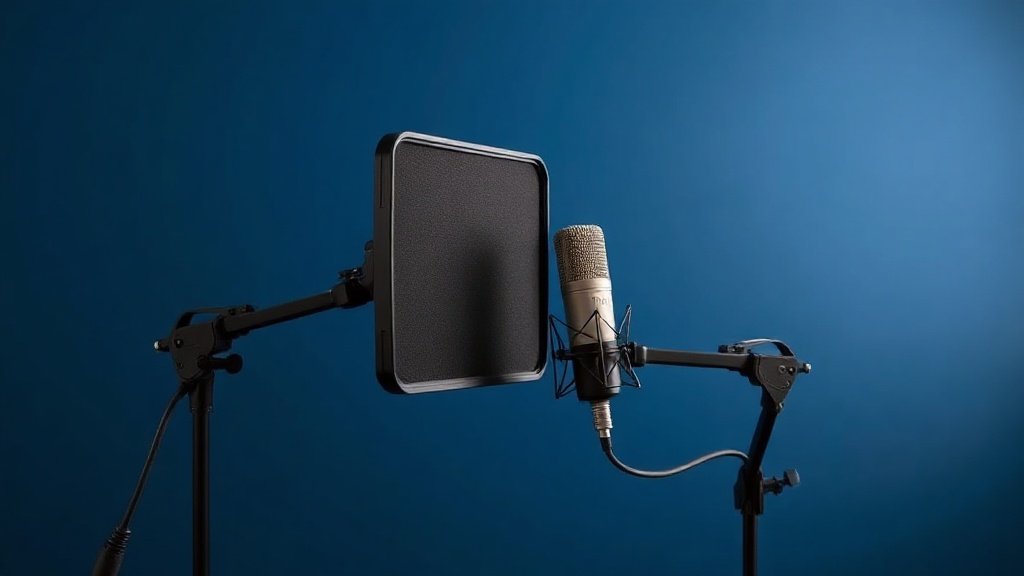 Professional pop filter mounted on adjustable arm positioned in front of studio condenser microphone against clean navy blue background with soft side lighting creating subtle shadows