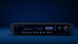 Professional audio interface control panel showing sample rate and bit depth digital display settings. Clean studio background in deep navy. Soft side lighting illuminating precise numeric readouts. Modern minimal product photography style without people or hands.